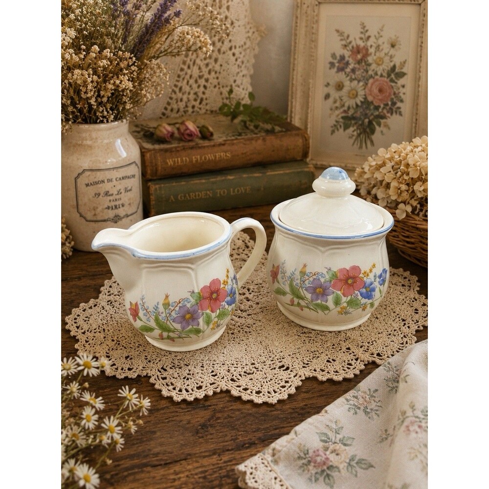 Vintage Japan Floral Creamer Sugar Bowl Set Blue Rim Cottagecore Shabby Chic
